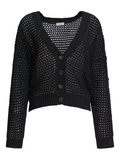 Brunello Cucinelli Sequin-embellished Open-knit Cardigan In Black
