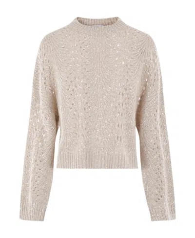 Brunello Cucinelli Sequin-embellished Open-knit Jumper In Nude