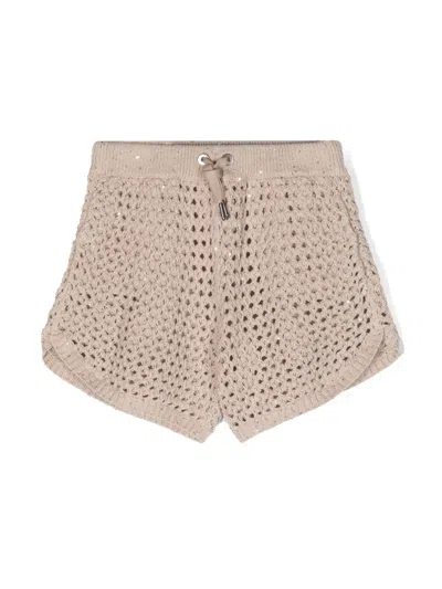 Brunello Cucinelli Kids' Sequin-embellished Open-knit Shorts In Neutrals