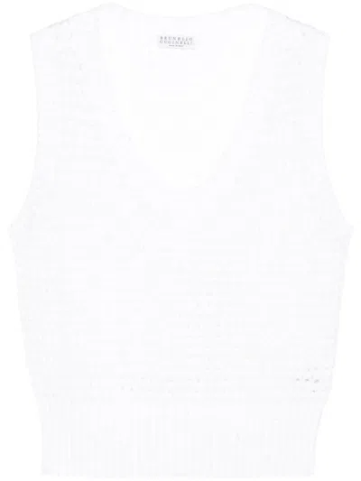 Brunello Cucinelli Sequin-embellished Open-knit Top In White
