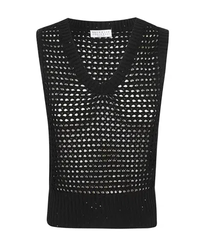 BRUNELLO CUCINELLI BRUNELLO CUCINELLI SEQUIN EMBELLISHED OPEN KNITTED VEST