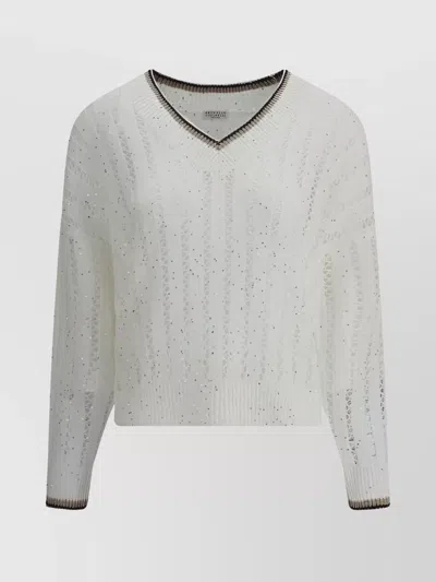 Brunello Cucinelli Sequin-embellished Perforated Knit Sweater In White