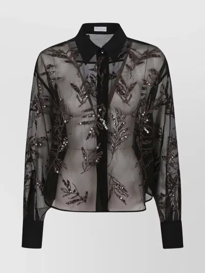 BRUNELLO CUCINELLI SEQUIN EMBELLISHED SHEER FABRIC COLLARED TOP