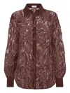 Brunello Cucinelli Burgundy Crispy Silk Dazzling Floral Embroidery Shirt In Brown