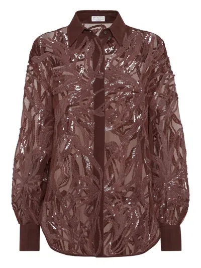 Brunello Cucinelli Shirt With Dazzling Floral Embroidery In Brown