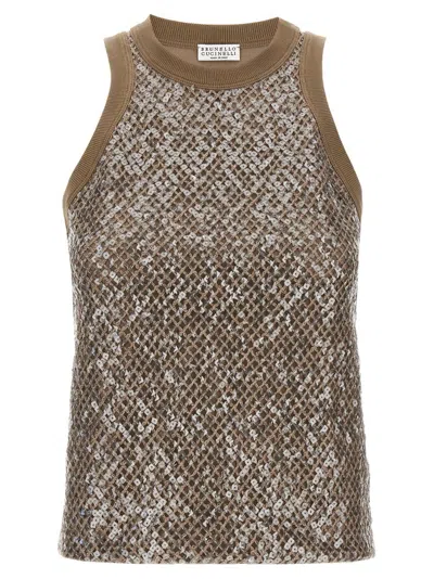 Brunello Cucinelli Brown Top Dazzling Net Embroidery