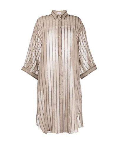 Brunello Cucinelli Sequin-embellished Striped Cotton Shirtdress In Brown