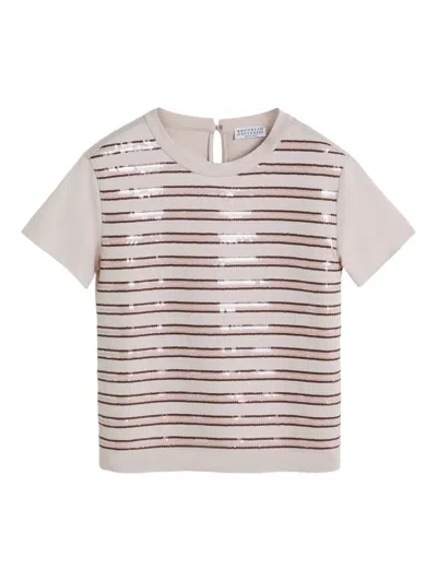 Brunello Cucinelli Kids' Sequin-embellished Striped T-shirt In Multi