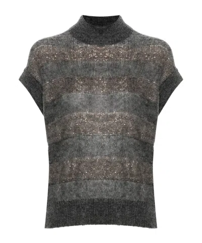BRUNELLO CUCINELLI BRUNELLO CUCINELLI SEQUIN-EMBELLISHED HIGH-NECK STRIPED VEST