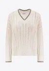 Brunello Cucinelli Perforated Linen Sweater With Sequins In White