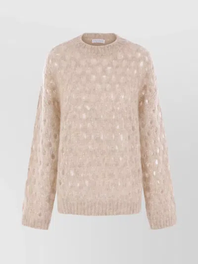 Brunello Cucinelli Sequin-embellished Textured Knit Jumper With Ribbed Cuffs And Hem In Neutral