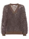 Brunello Cucinelli Sequin Embellished V-neck Brushed Sweater Clothing In Brown