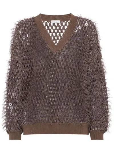 Brunello Cucinelli Sequin Embellished V-neck Brushed Sweater Clothing In Brown