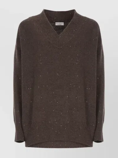 BRUNELLO CUCINELLI SEQUIN EMBELLISHED V-NECK CASHMERE SILK SWEATER