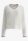 Brunello Cucinelli Perforated Linen Sweater With Sequins In White