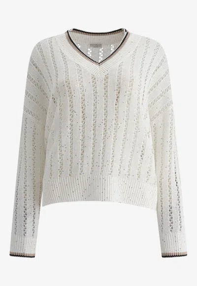 BRUNELLO CUCINELLI SEQUIN EMBELLISHED V-NECK SWEATER