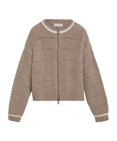 Brunello Cucinelli Sequin-embellished Zip-front Cardigan In Brown