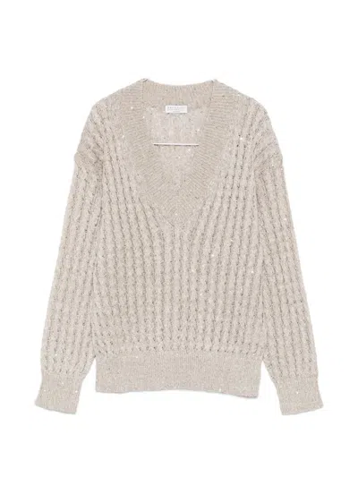 Brunello Cucinelli Sequin-embellishment V-neck Sweater In Neutral