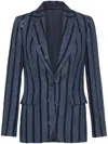 Brunello Cucinelli Paillette Striped Denim-effect Linen Single-breasted Blazer In Blue