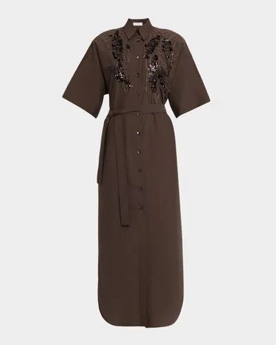 Brunello Cucinelli Sequin Embroidered Cotton Poplin Midi Shirtdress In Brown