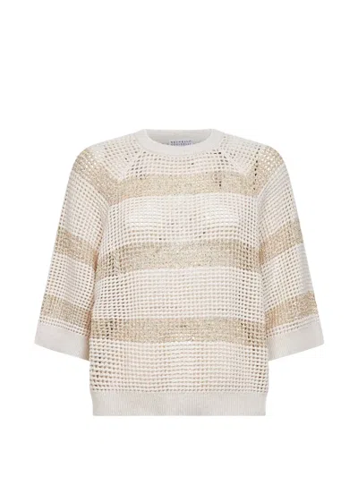 Brunello Cucinelli Women Beige Cotton Net Knit Jumper With Dazzling Stripes In Pink