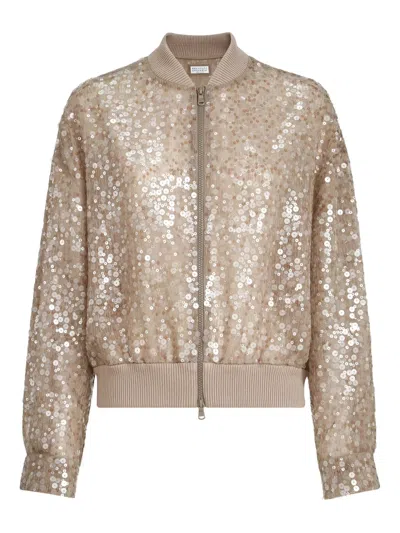 Brunello Cucinelli Sequin-embroidery Bomber Jacket In Gold