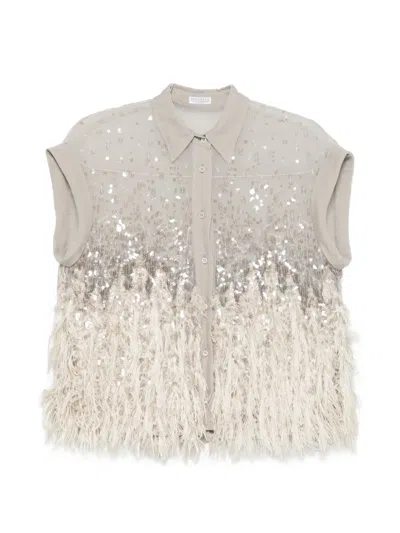 Brunello Cucinelli Sequin Fringed Shirt In Neutral