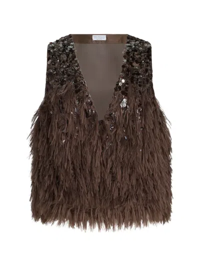Brunello Cucinelli Sequin Fringed Vest In Brown