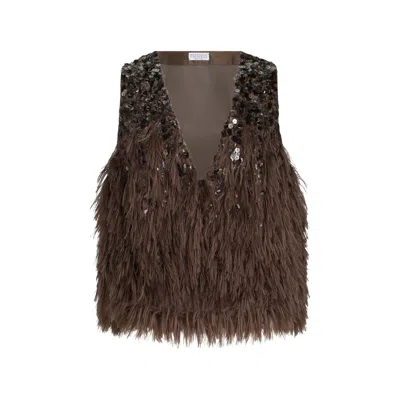 Brunello Cucinelli Sequin Fringed Vest In Brown