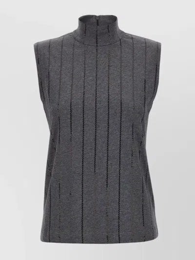 Brunello Cucinelli Sequin High Neck Sleeveless Top With Vertical Stripes In Black