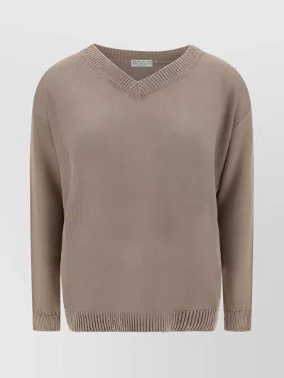 Brunello Cucinelli Sequin Linen V-neck Sweater In Brown