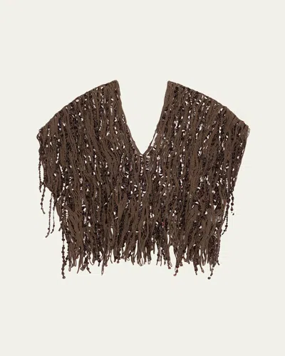 Brunello Cucinelli Sequin Macrame Embroidered V-neck Sweater In Chocolate