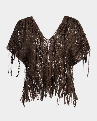 Brunello Cucinelli Sequin Macrame Embroidered V-neck Sweater In Chocolate