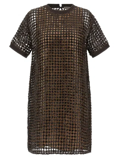 Brunello Cucinelli Sequin Mesh Dress Dresses Brown