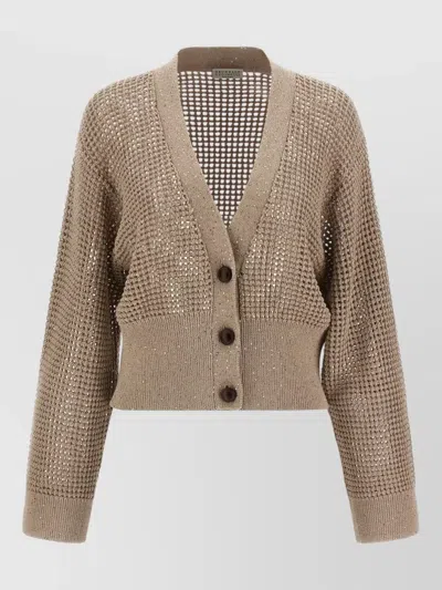Brunello Cucinelli Sequin Mesh Knit Cardigan Long Sleeves In Brown