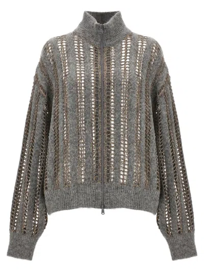 Brunello Cucinelli Sequin Openwork Sweater In Gray