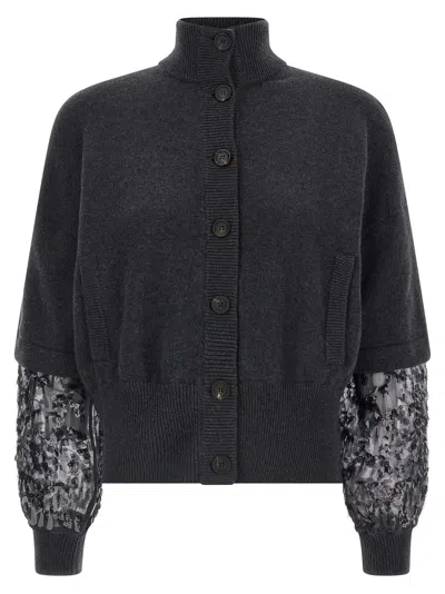 Brunello Cucinelli Sequin Sleeve Cardigan In Black