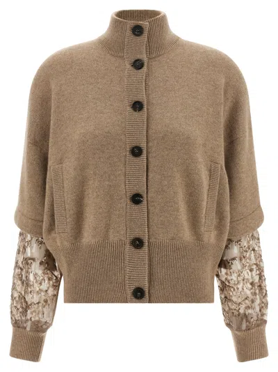 BRUNELLO CUCINELLI SEQUIN SLEEVE CARDIGAN SWEATERS AND CARDIGANS BEIGE
