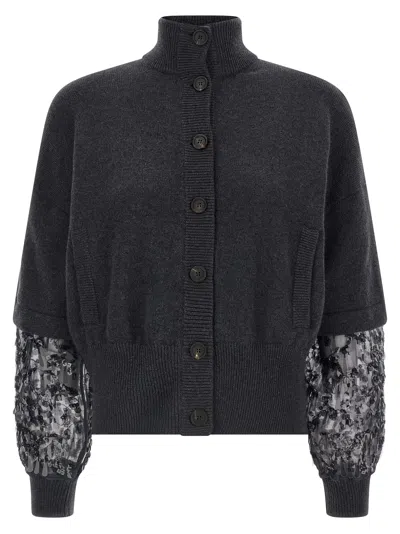 BRUNELLO CUCINELLI SEQUIN SLEEVE CARDIGAN SWEATERS AND CARDIGANS GRAY