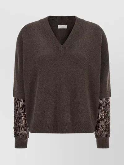 BRUNELLO CUCINELLI SEQUIN SLEEVE KNIT SWEATER