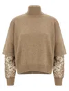 Brunello Cucinelli Cashmere Turtleneck Sweater With Sheer Sequined Sleeves In Brown