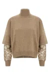 Brunello Cucinelli Cashmere Turtleneck Sweater With Sheer Sequined Sleeves In Brown