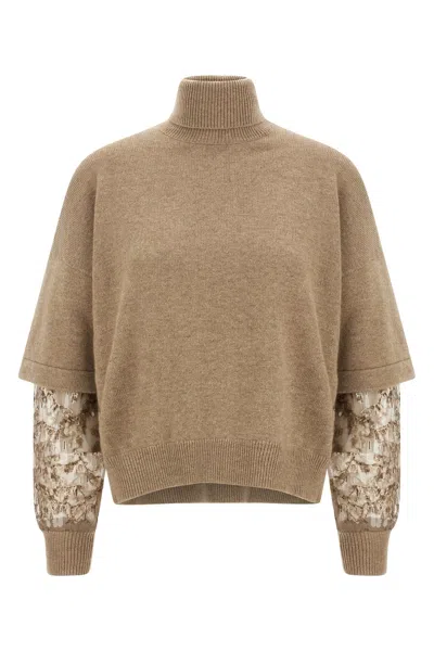 Brunello Cucinelli Turtleneck Sweater With Sequin Sleeve Embellishments In Multi
