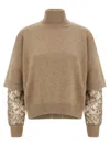 Brunello Cucinelli Cashmere Turtleneck Sweater With Sheer Sequined Sleeves In Brown