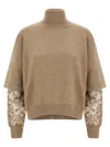 Brunello Cucinelli Cashmere Turtleneck Sweater With Sheer Sequined Sleeves In Brown