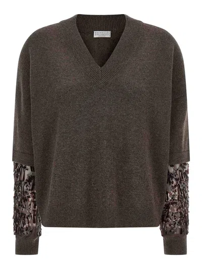 BRUNELLO CUCINELLI SEQUIN SLEEVE SWEATER