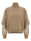 Brunello Cucinelli Cashmere Turtleneck Sweater With Sheer Sequined Sleeves In Brown