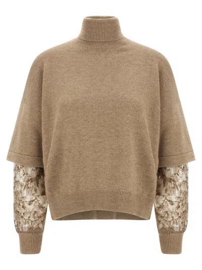 BRUNELLO CUCINELLI SEQUIN SLEEVE SWEATER SWEATERS AND CARDIGANS BROWN