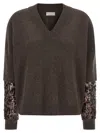 Brunello Cucinelli Sequin Sleeve Sweater Sweaters And Cardigans Brown In Brown