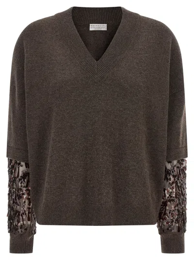 Brunello Cucinelli Sequin Sleeve Sweater Sweaters And Cardigans Brown